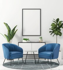 Two blue armchairs and a coffee table with plants and a framed poster in a minimalist white living room