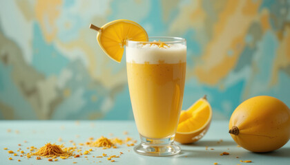 Refreshing glass of mango smoothie garnished with slice of orange sits on light blue surface, surrounded by vibrant yellow fruits and scattered zest, evoking tropical and invigorating vibe