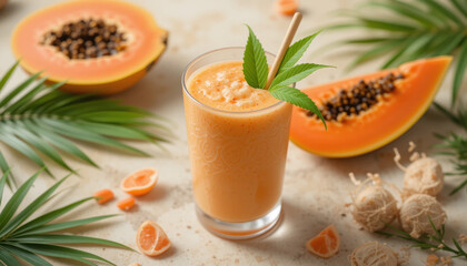 Refreshing papaya smoothie garnished with green leaf sits in glass surrounded by halved papayas, palm leaves, and small citrus fruits on light surface. tropical setting evokes sense of relaxation