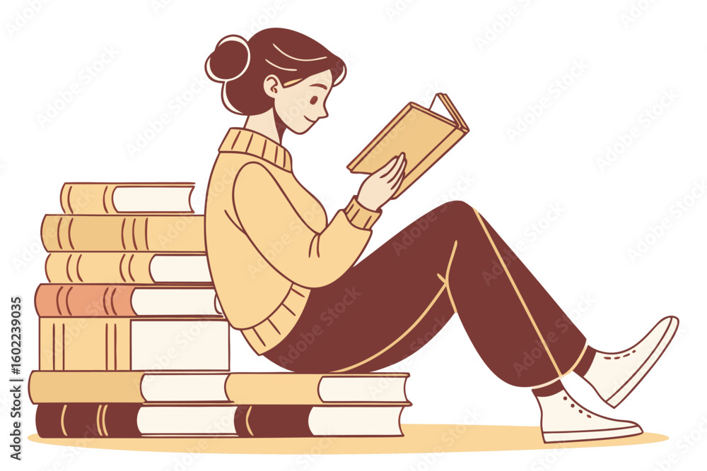 Poster enjoying a quiet moment reading a book while seated on a stack of books in a cozy indoor setting dur