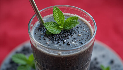 Refreshing black sesame smoothie garnished with fresh mint leaves and served with metal straw, set against vibrant red background. drink creamy texture and unique flavor make it delightful treat