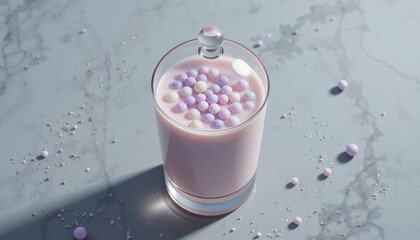 Glass of pastel colored milk with floating spheres creates whimsical and dreamy aesthetic on marble surface. soft hues of pink, purple, and white add playful touch to scene