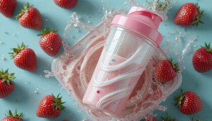 Pink shaker bottle with swirling design is surrounded by fresh strawberries and splashes of pink liquid on blue background, creating vibrant and refreshing scene