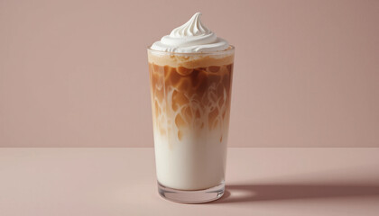Tall glass of iced coffee with milk is topped with swirl of whipped cream, set against soft pink background. layers of coffee and milk create marbled effect, adding visual appeal