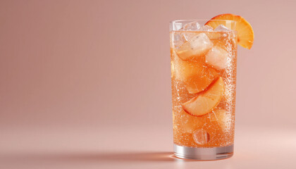 Refreshing glass of sparkling orange drink with ice cubes and slice of orange on rim, set against soft pink background. effervescent bubbles add lively touch