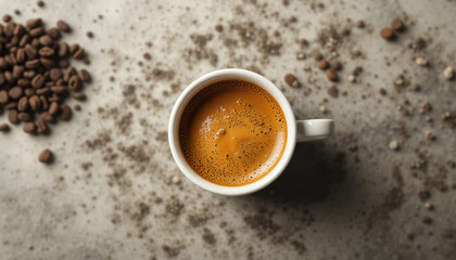 Steaming cup of espresso sits on textured surface surrounded by scattered coffee beans and grounds, creating warm and inviting atmosphere