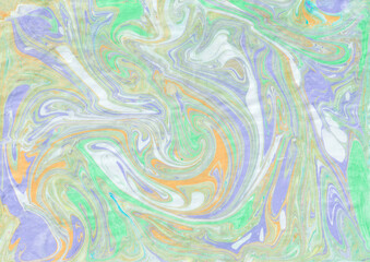 Abstract grey green ebru background. Bright iridescences of paint on the water. A creative artistic background for graphic design. Multi-colored shades of colors mixing. Fluid texture Contemporary art
