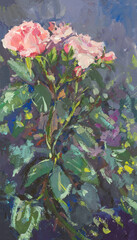 Pink rose bush gouache painting. A bright flower bloomed in the garden. Creative hand-drawn illustration. Artistic original background for the design of postcards, notebooks websites. Contemporary art