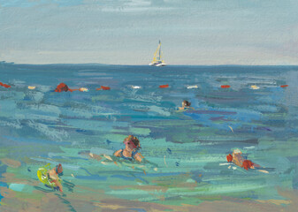 Beach sea summer people gouache painting. A quick sketch. Sketch of people bathing on the beach in the turquoise sea. Summer artistic author's postcard. Modern Impressionism. Tourism travel concept