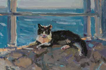 Cat sea oil painting. A black and white kitten is lying on the background of turquoise water. The concept of travel, relaxation, enjoyment. Hand-drawn illustration. Contemporary art. Summer postcard