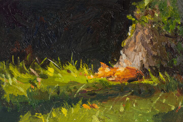 Cat tree oil painting. A red kitten sleeps on the green grass. The concept of comfort, relaxation and enjoyment. Hand-drawn illustration. The modern art of oil painting. Bright summer greeting card