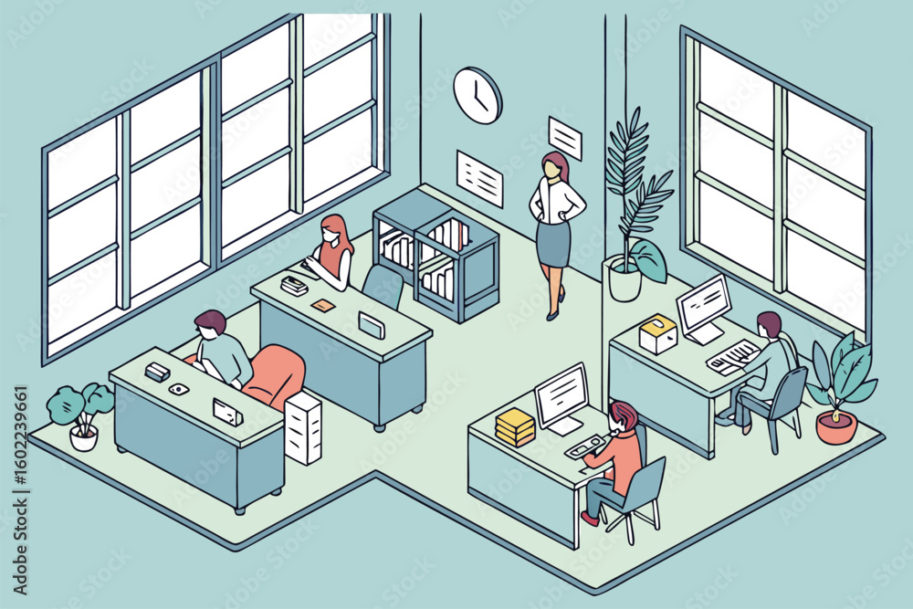 Poster office environment with employees engaged in work, featuring desks, computers, and collaborative spa