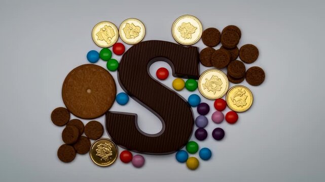 Traditional dutch chocolate latter S, sweet Kids treats candies and gold coins for Sinterklaas day on white background. Celebration concept for children party in Saint Nicolas day five december. 