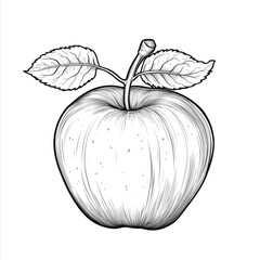 Detailed black and white sketch of an apple with leaves.