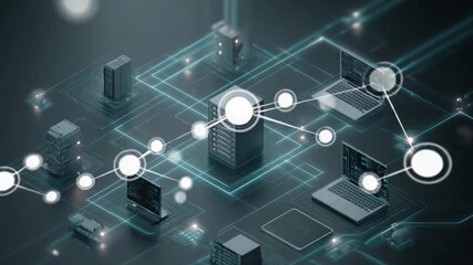 Digital Network: An abstract depiction of interconnectedness. Servers, computers, and a network of lines create a stunning visualization of a complex digital ecosystem. - Powered by Adobe