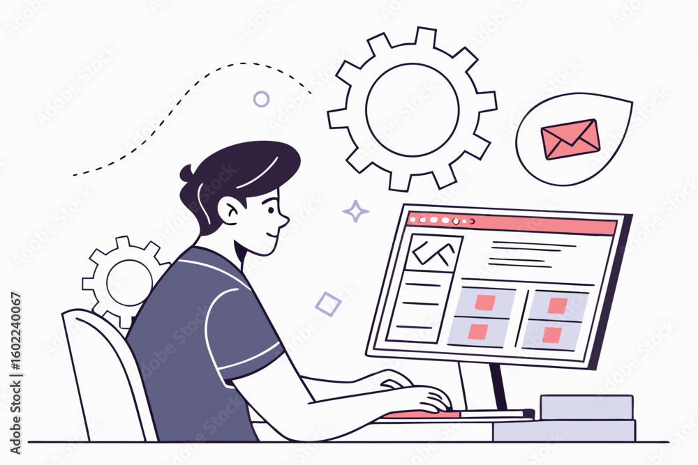 Poster individual working at computer managing emails and content on a screen with gears and icons in a mod