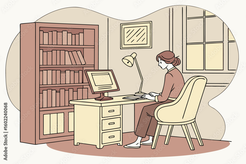 Poster cozy workspace in a quiet room with a woman working on a computer while seated at a desk, surrounded
