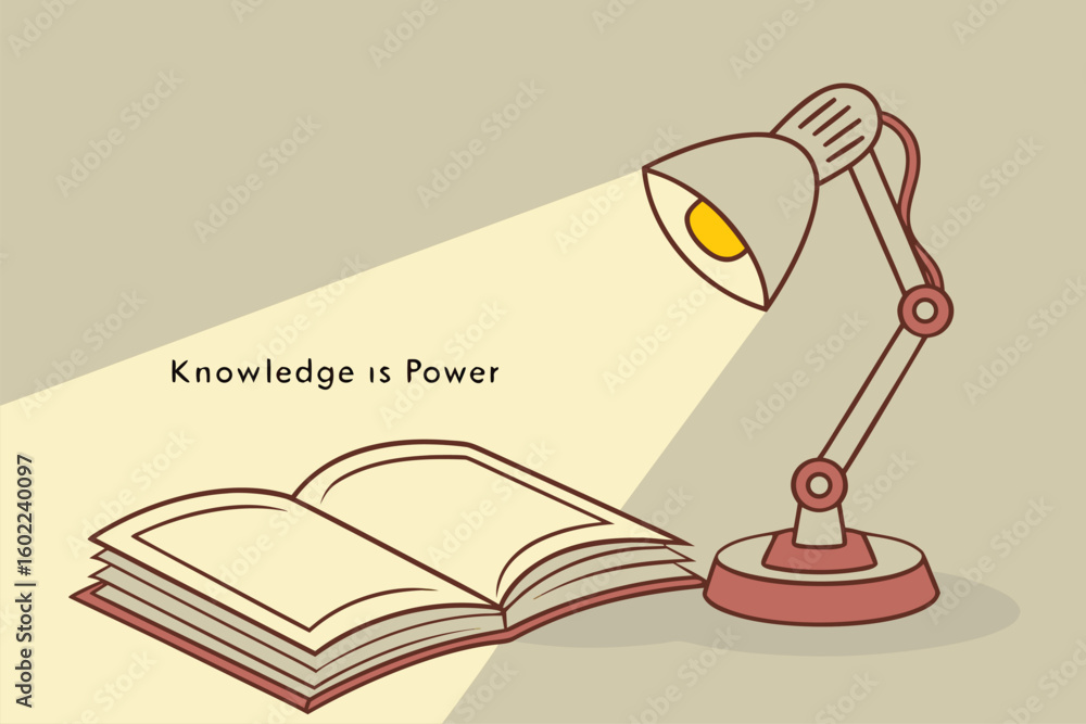 Poster light illuminates an open book with the phrase knowledge is power displayed, symbolizing the importa
