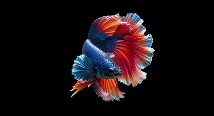 Vibrant betta fish with elaborate fins against a black background.