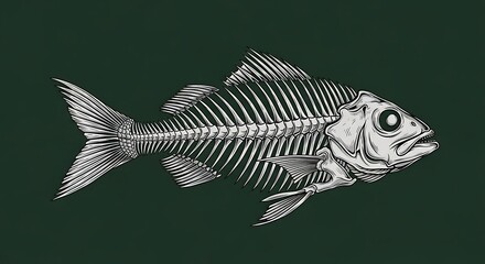 Detailed illustration of a fish skeleton, profile view, against a dark background.