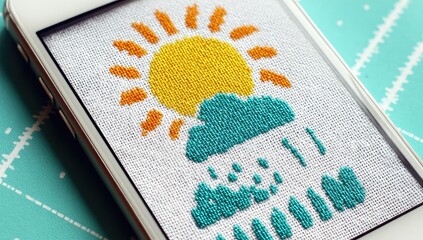 Smartphone displaying knitted sun and cloud weather