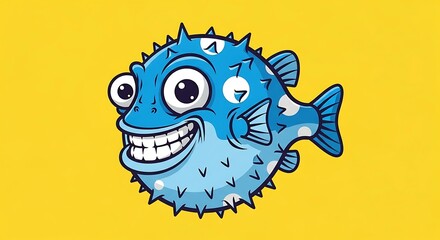 A cheerful, cartoon pufferfish with large eyes and a wide grin, against a yellow background.