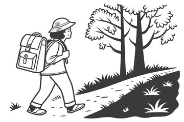 Hiker with backpack walking along a nature path surrounded by trees during daylight