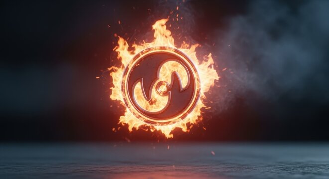 Dynamic firestorm encircling metallic emblem powerful visual energy and heat distortion effects.
