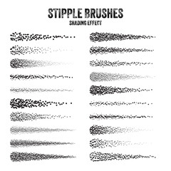 Ink scatter brush, stipple drawing and texturing. Fading gradient. Stippling, dotwork drawing, shading using dots. Halftone disintegration effect. White noise grainy texture. Vector illustration
