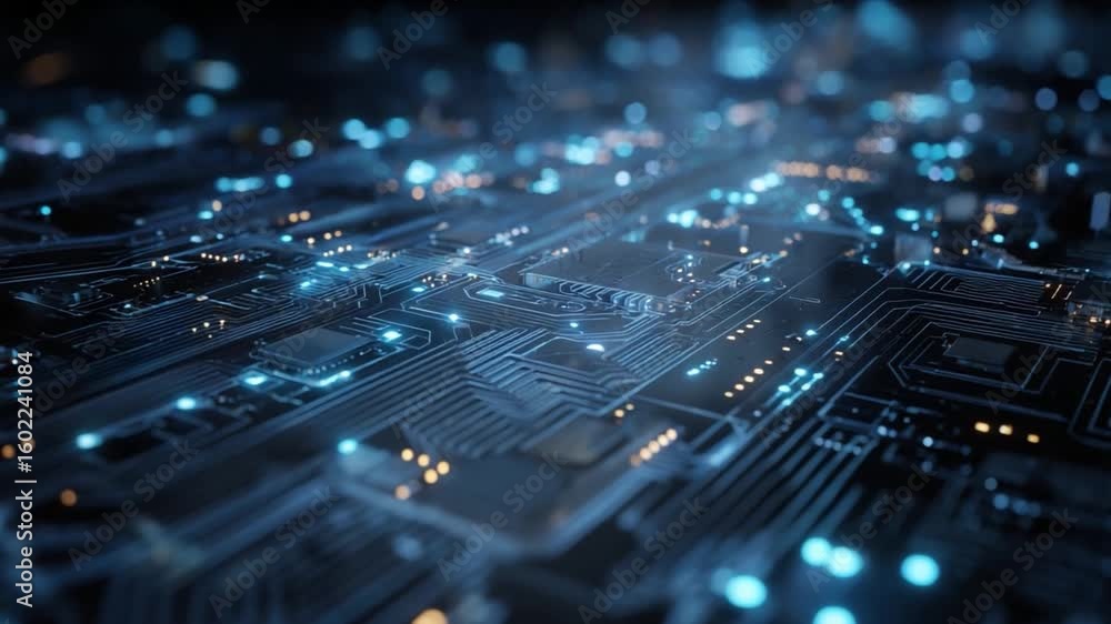 Poster digital circuit: a close-up shot reveals the intricate world of digital circuitry, with glowing blue