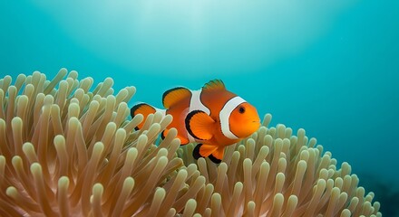 Orange clownfish near a vibrant sea anemone in shallow tropical water.