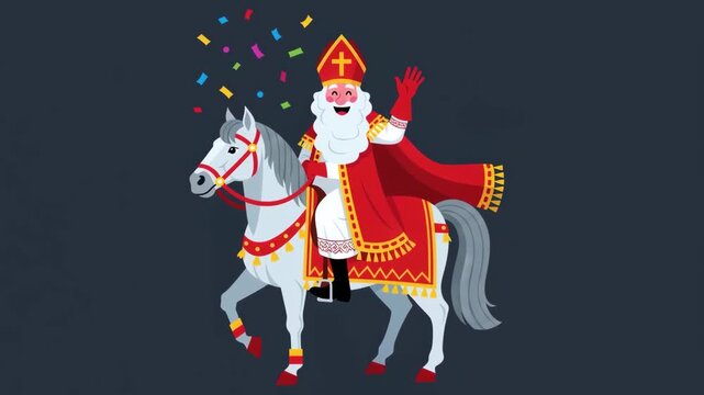 Sinterklaas riding on white horse through Dutch city. Saint Nicholas day in Netherlands, Belgium. Greeting card for holland holiday Celebration concept for children european party in day five december