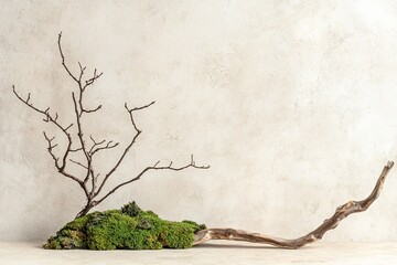 Trendy composition of dried branch and moss on beige background.
