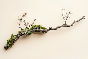 Trendy composition of dried branch and moss on beige background.
