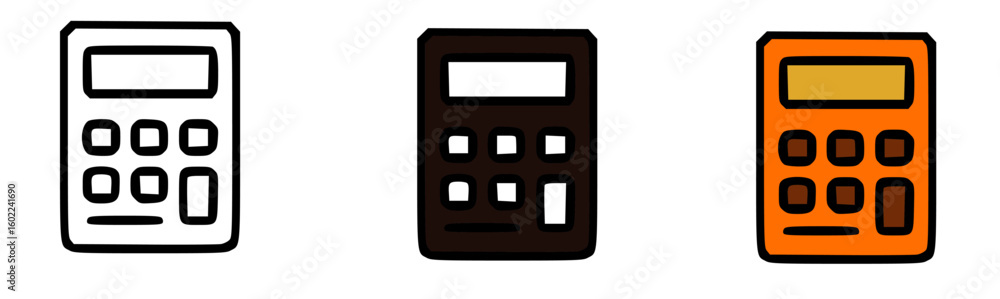 Poster three different colored calculator icons, each with various button arrangements, displayed.
