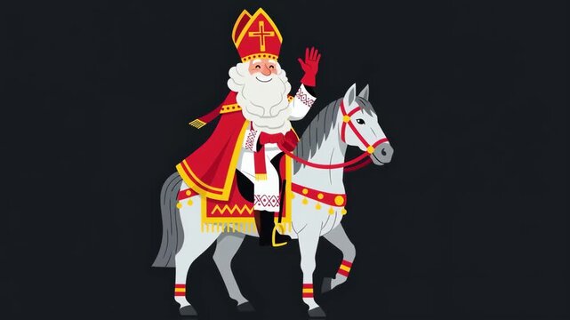 Sinterklaas riding on white horse through Dutch city. Saint Nicholas day in Netherlands, Belgium. Greeting card for holland holiday Celebration concept for children european party in day five december