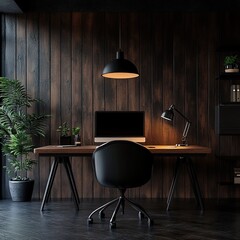 Dark wood home office with desk, computer, chair, and plants
