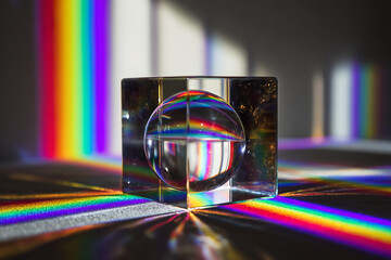 Prism Rainbow Reflection. Glass cube with sphere inside, casting vibrant rainbow shadows