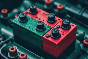 Close-up of red and green battery cells