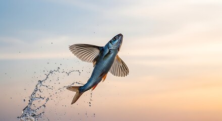 A flying fish leaping gracefully out of water, showcasing its unique pectoral fins, against a serene sunrise sky.