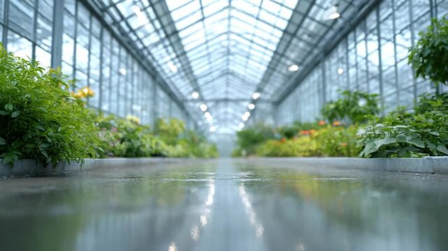 Glasshouse Oasis: a glasshouse showcases rows of thriving plants, creating a harmonious interplay of light, reflection, and vibrant greenery
