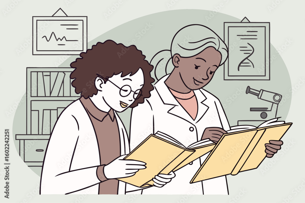 Aufkleber researchers collaborate in a laboratory setting while reviewing important data and studies about med