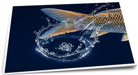 Koi fish tail splashing water, creating a circular crown of droplets against a dark background.
