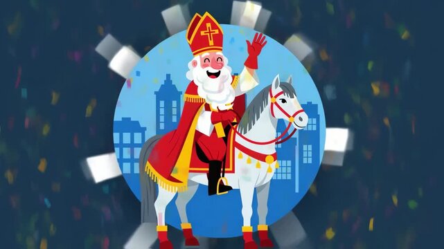 Sinterklaas riding on white horse through Dutch city. Saint Nicholas day in Netherlands, Belgium. Greeting card for holland holiday Celebration concept for children european party in day five december