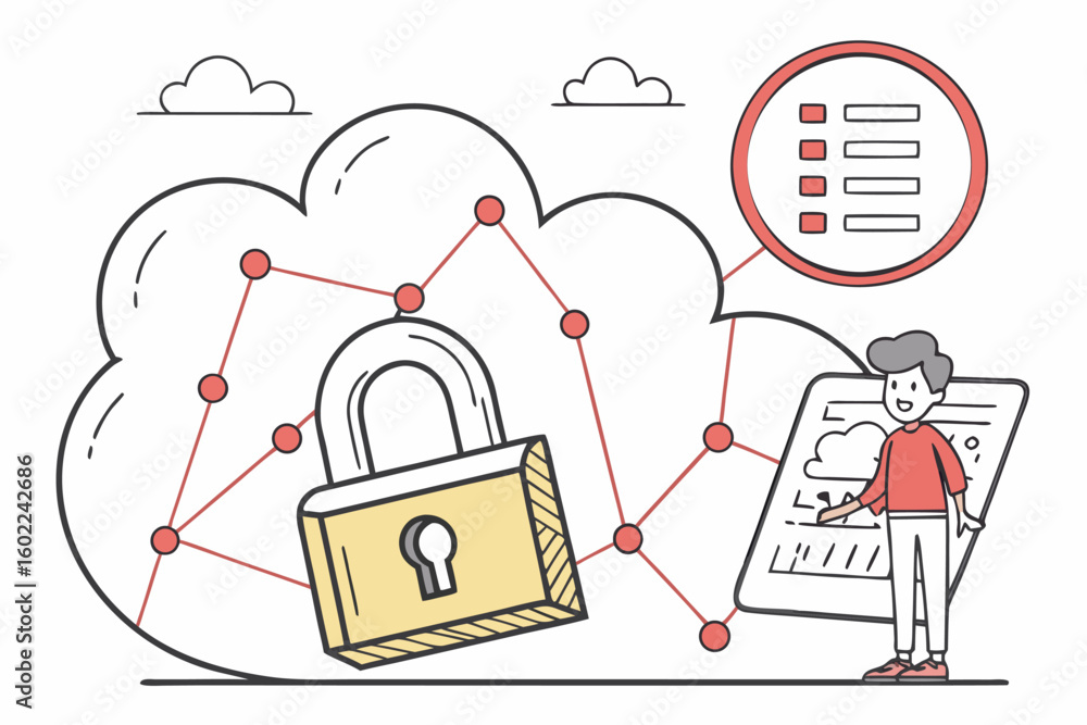 Poster secure cloud storage concept with a person managing data on a tablet while ensuring data protection 