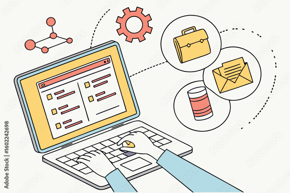 Aufkleber digital workspace features multitasking with laptop for managing tasks, projects, and communication