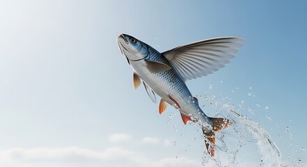 A fish leaps from the water with its wings extended, against a clear blue sky.