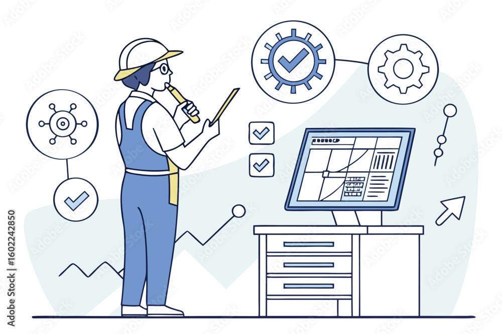 Poster engineer analyzes production data and machinery performance in a modern workspace with digital tools