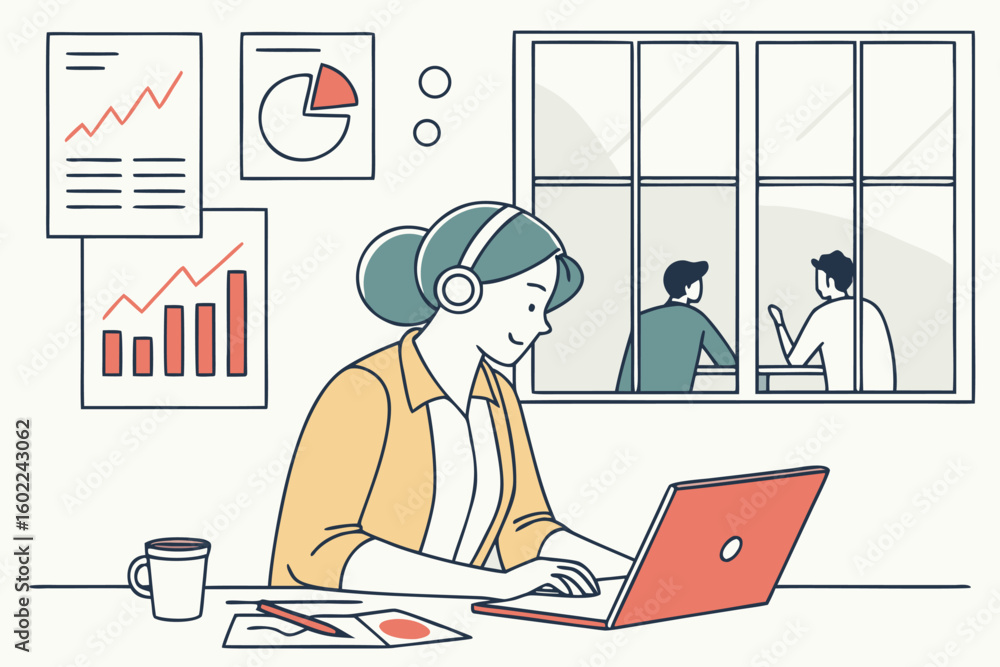 Poster working woman in a modern office using a laptop while monitoring data, with graphs and charts in the