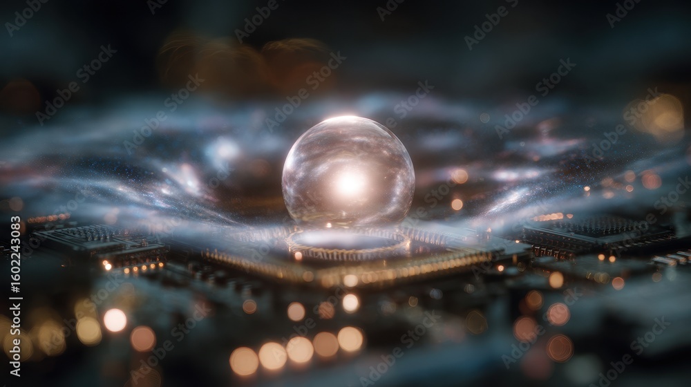 Poster quantum computing visualization with double exposure light effects